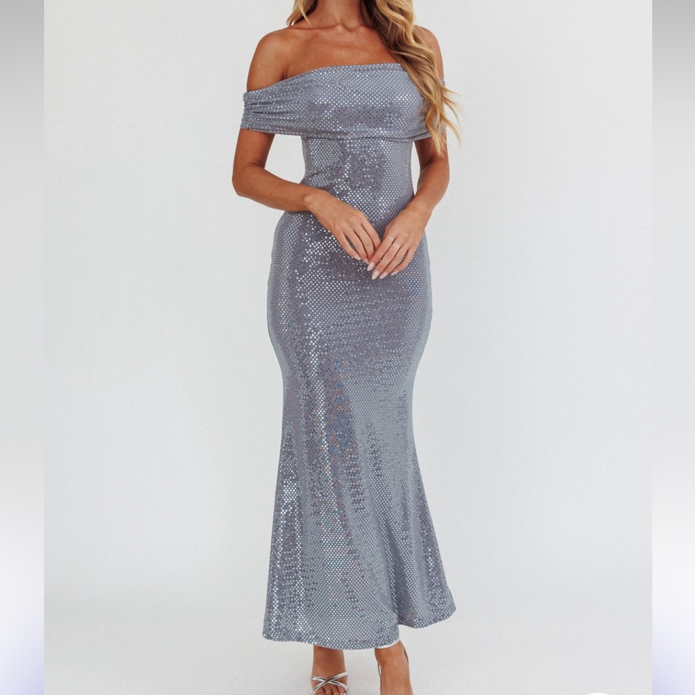 Silver Off the Shoulder Maxi Dress